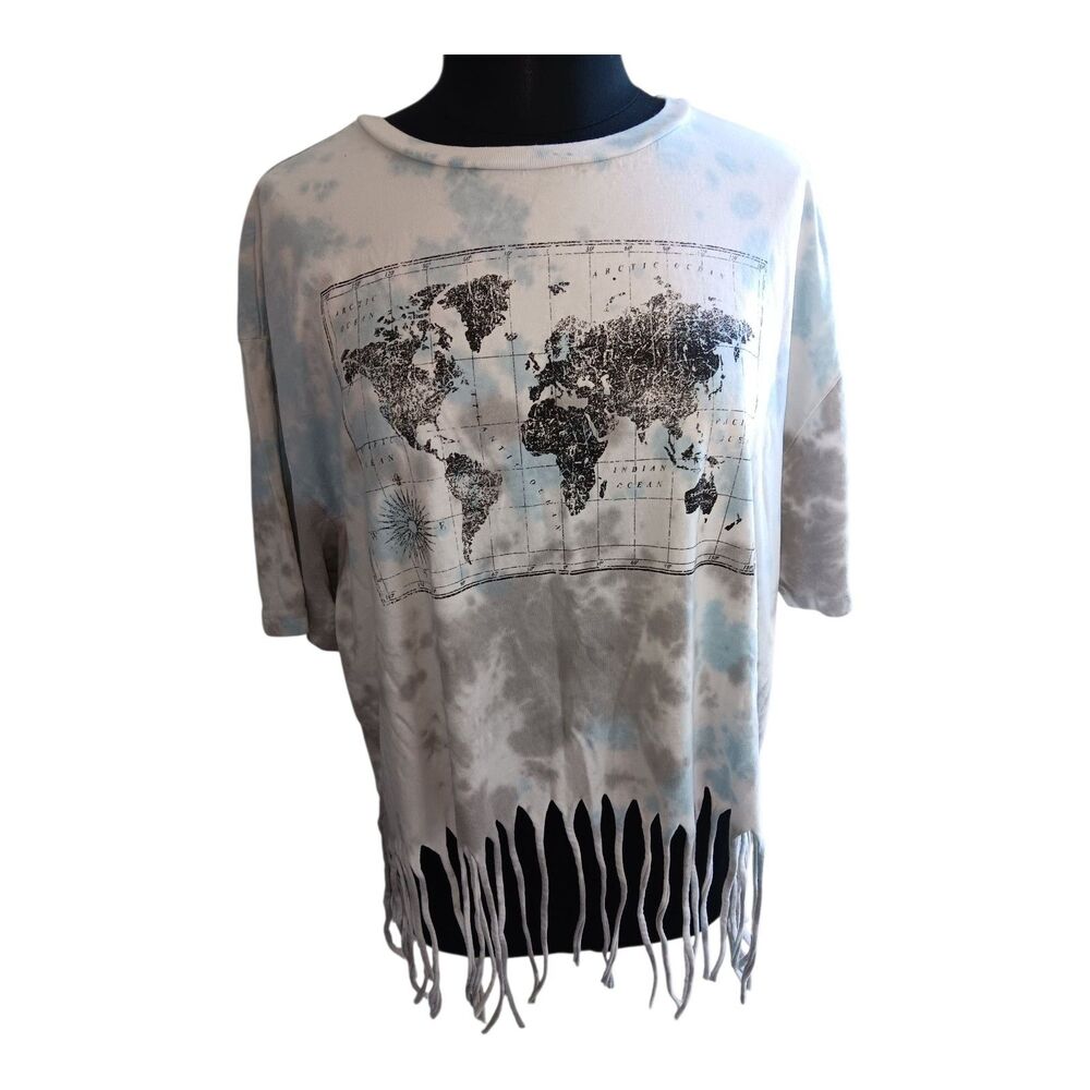 Forever 21 Blue Gray Graphic World Map Tshirt  tie-dye Fringe Boho Plus Size 3x